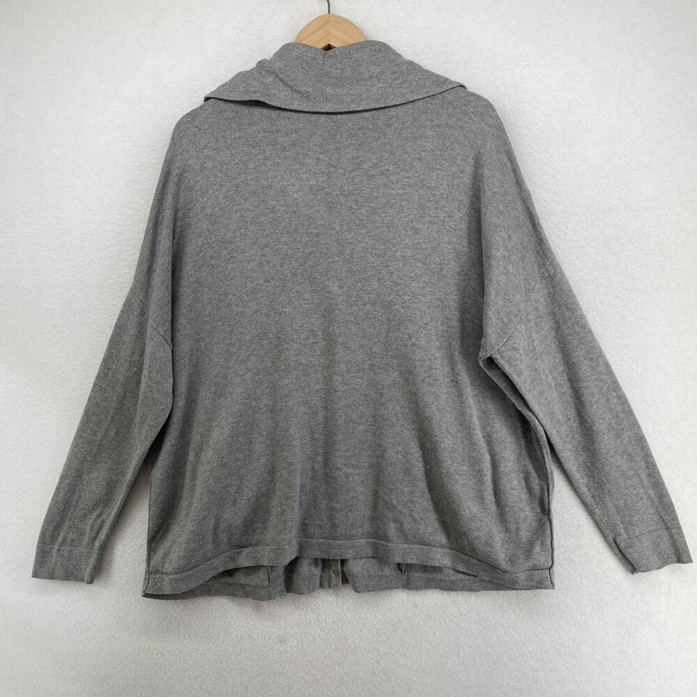 EILEEN FISHER Cardigan L Organic Cotton Snap Front Drawstring Sweater Gray - Picture 2 of 15